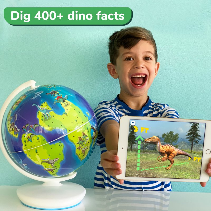 kid excited about dinosaurs on iPad screen