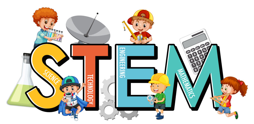 STEM education logo with many children cartoon character illustration