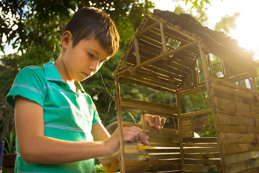 a boy making wooden house